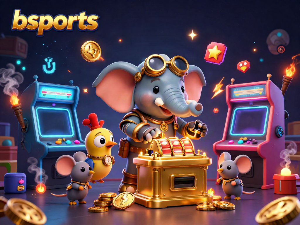 Experience thrilling moments with bsports in this vibrant gaming illustration, showcasing slot machines and steampunk elements.