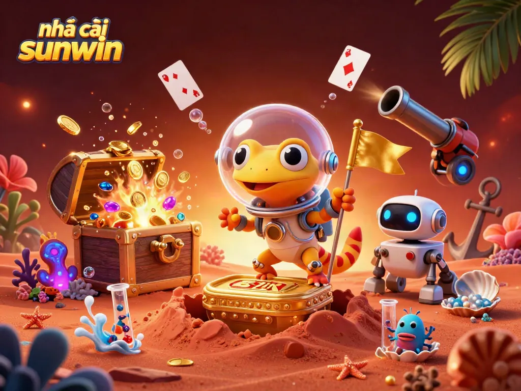 Play games at nhà cái sunwin, a vibrant casino scene with gold coins and animated characters.