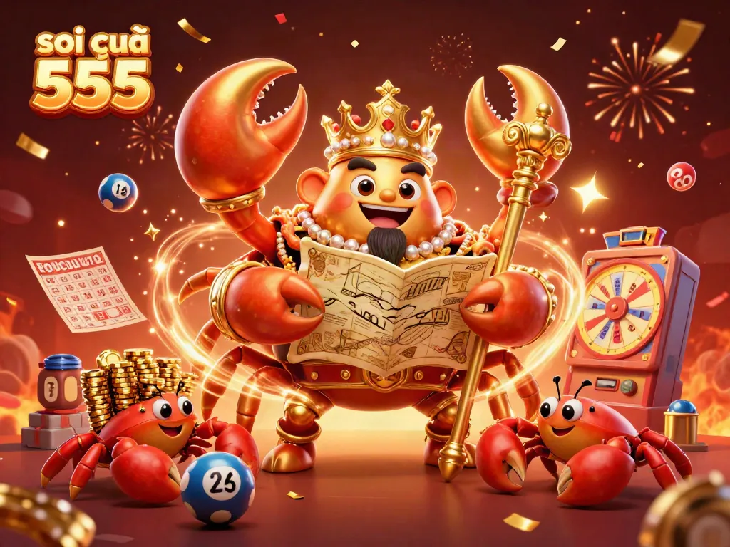 Soi cầu 555 showcases the golden crab emperor and lottery elements creating vibrant excitement.