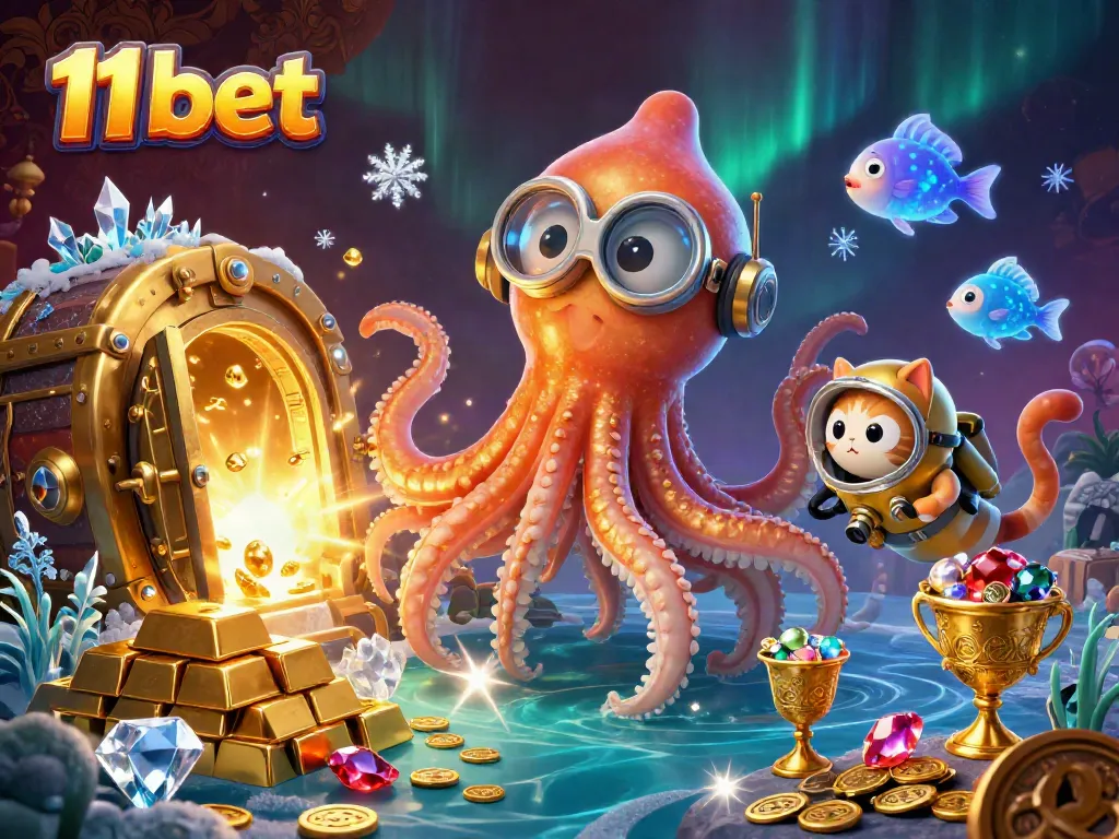 Experience thrilling wins with 11 bet at this vibrant casino scene featuring interactive characters and treasures.