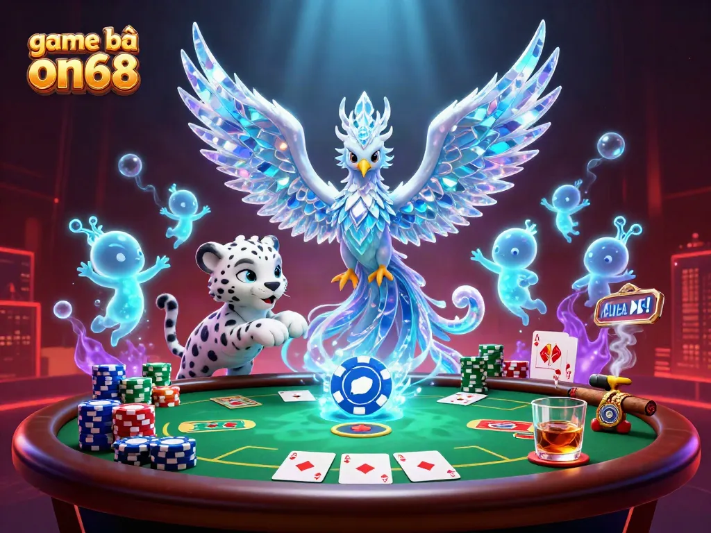 Engage with game bài on68 featuring ice phoenix, poker chips, and vibrant casino ambiance.