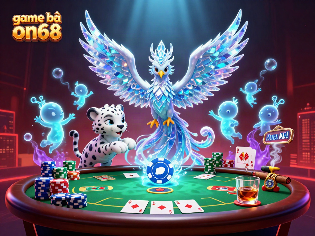 Engage with game bài on68 featuring ice phoenix, poker chips, and vibrant casino ambiance.