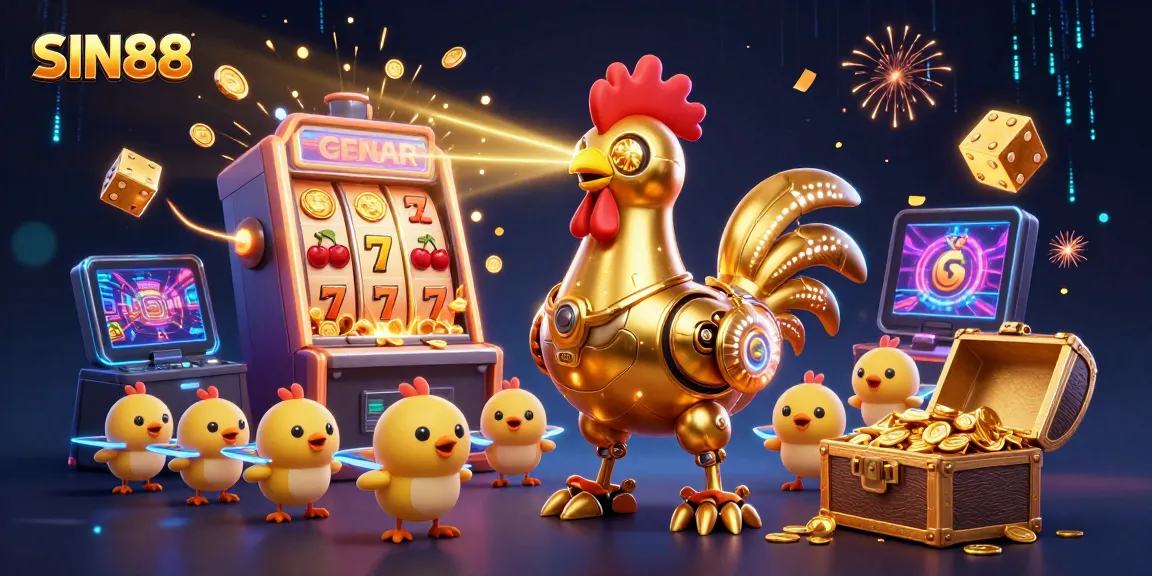 SIN88 showcases a vibrant scene with a golden rooster robot and baby chick drones amidst casino elements.