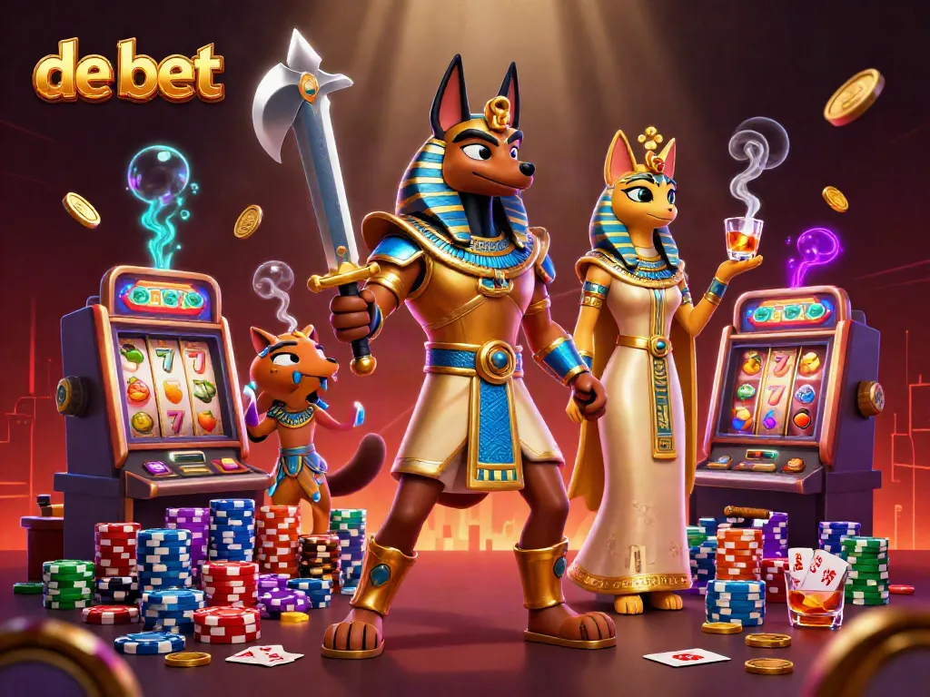Play exciting slots with de bet, featuring vibrant characters and dynamic casino elements.