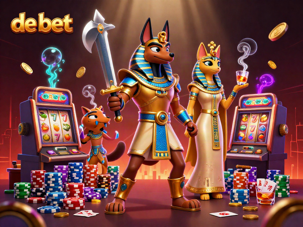 Play exciting slots with de bet, featuring vibrant characters and dynamic casino elements.