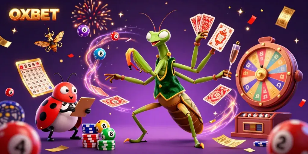 Experience excitement at OXBET with a lively scene of a mantis card sharp, ladybug pit boss, and vibrant lottery elements.