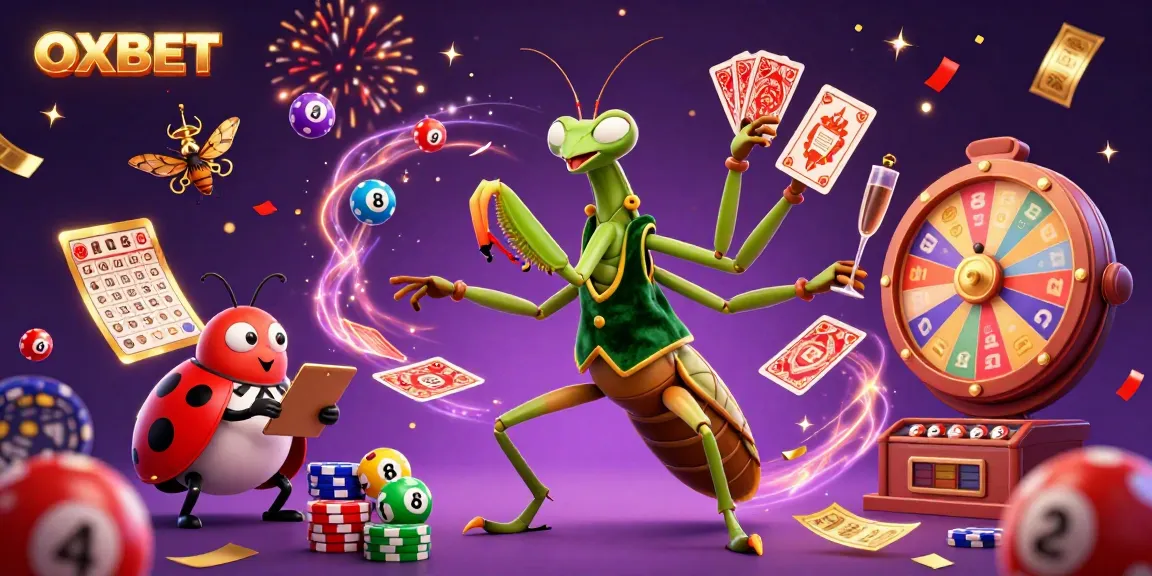 Experience excitement at OXBET with a lively scene of a mantis card sharp, ladybug pit boss, and vibrant lottery elements.