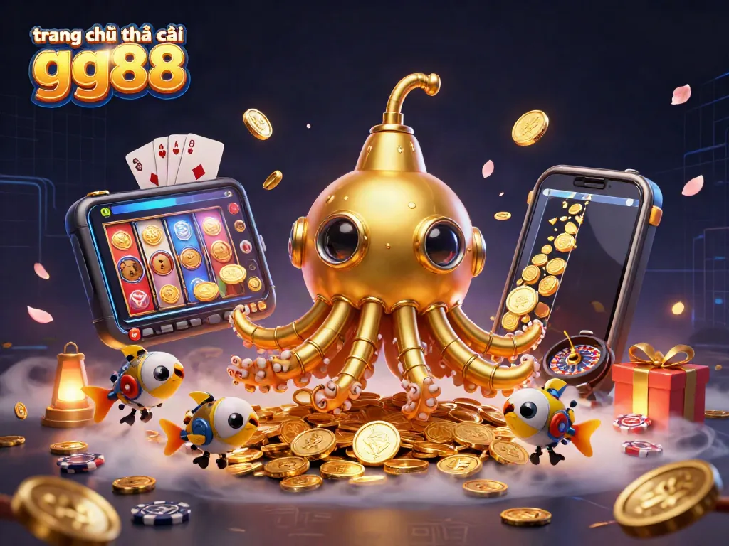 Discover the excitement of trang chủ nhà cái gg88 with a vibrant 3D scene of a golden kraken and casino elements.