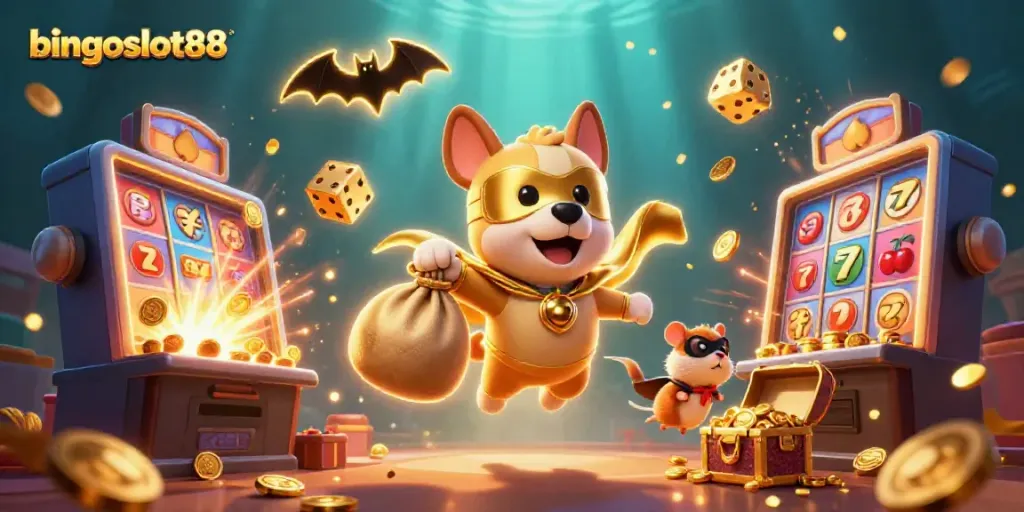 Bangkitnya keseruan bingoslot88 dengan pahlawan anjing dan hamster membawa koin emas di latar kasino yang penuh warna.