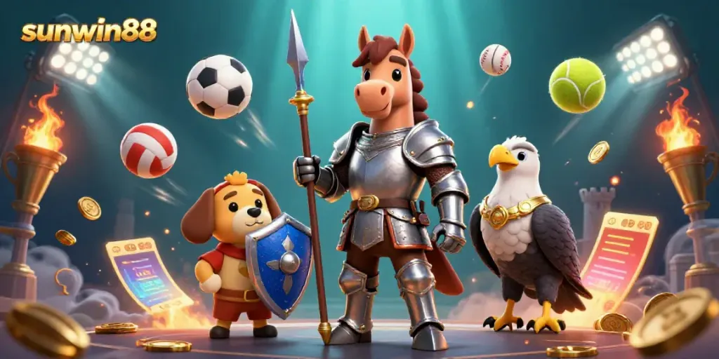 Engaging scene of sunwin88 with a knight, puppy, and falcon amidst vibrant sports elements in a casino setting.