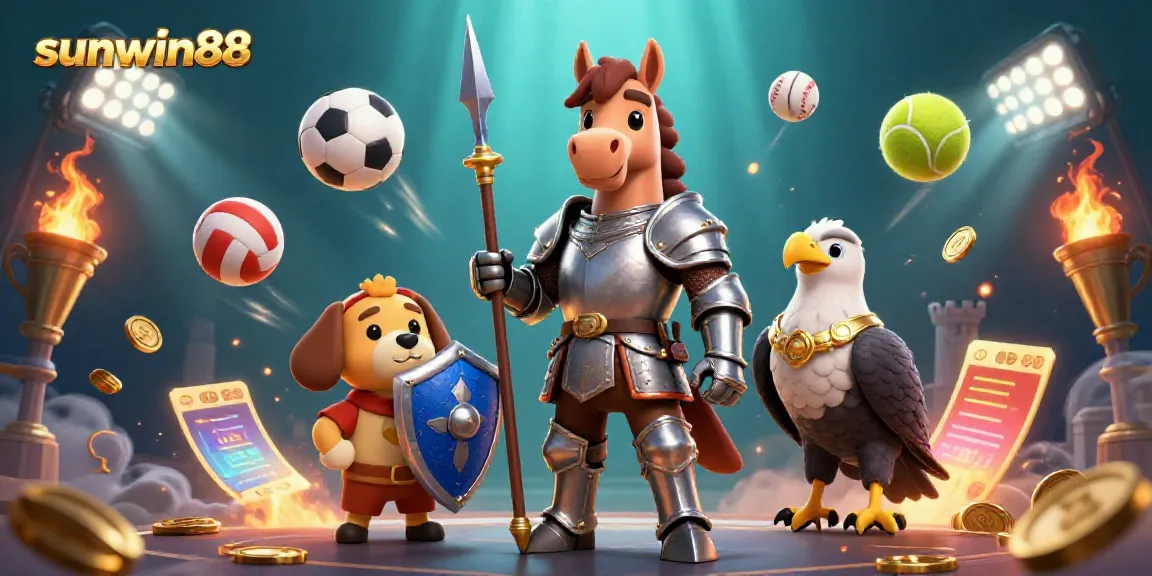 Engaging scene of sunwin88 with a knight, puppy, and falcon amidst vibrant sports elements in a casino setting.