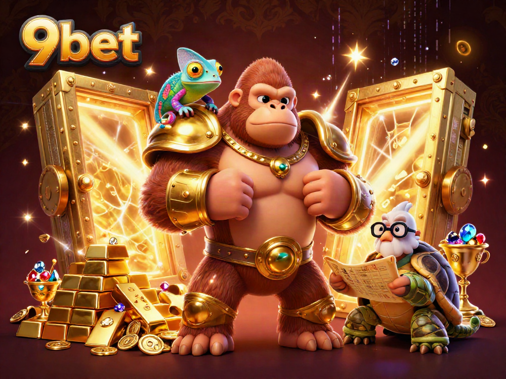Experience the excitement of 9bet with a dynamic illustration showcasing a powerful gorilla, a chameleon, and a wise tortoise in a treasure-filled casino setting.