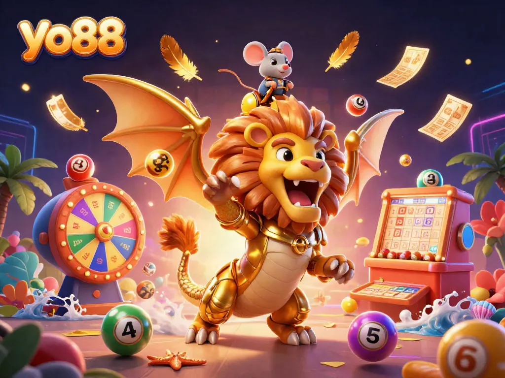 Experience winning thrills at yo88 with dynamic lottery balls and a triumphant chimera creature.
