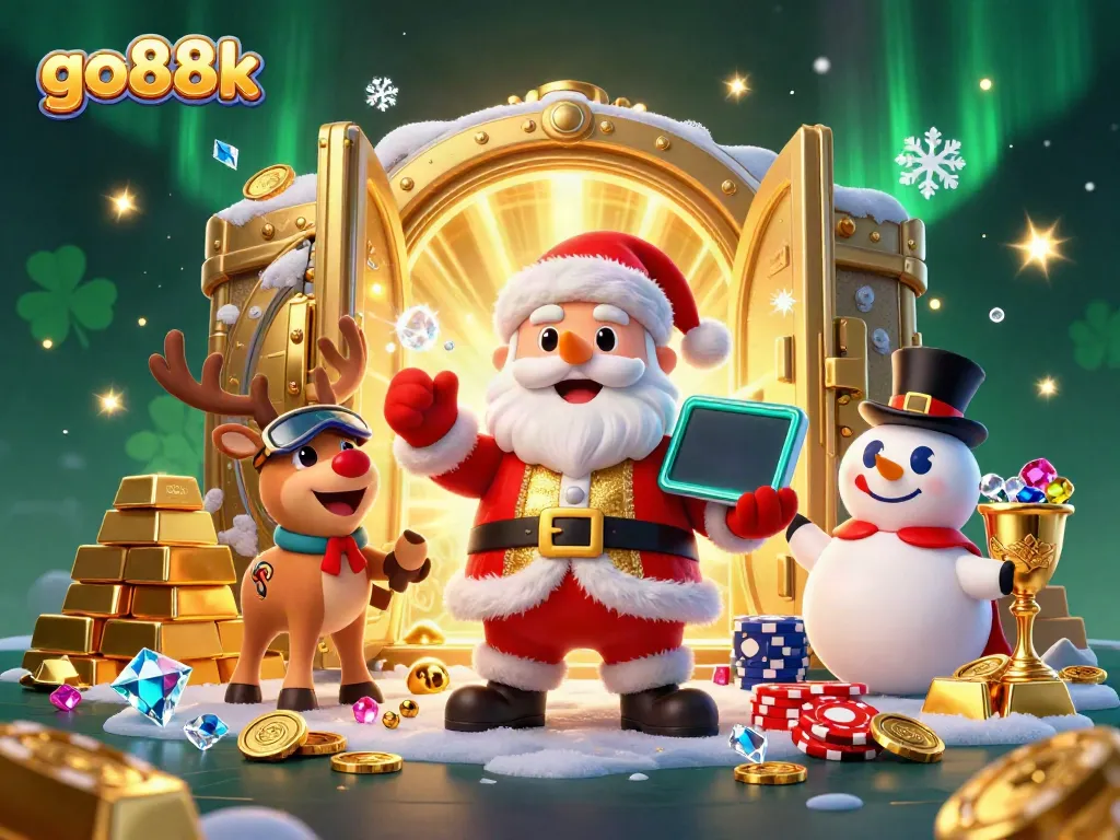 Engage with go88k's astronomical jackpots in vibrant casino-themed 3D scene featuring Santa and friends.