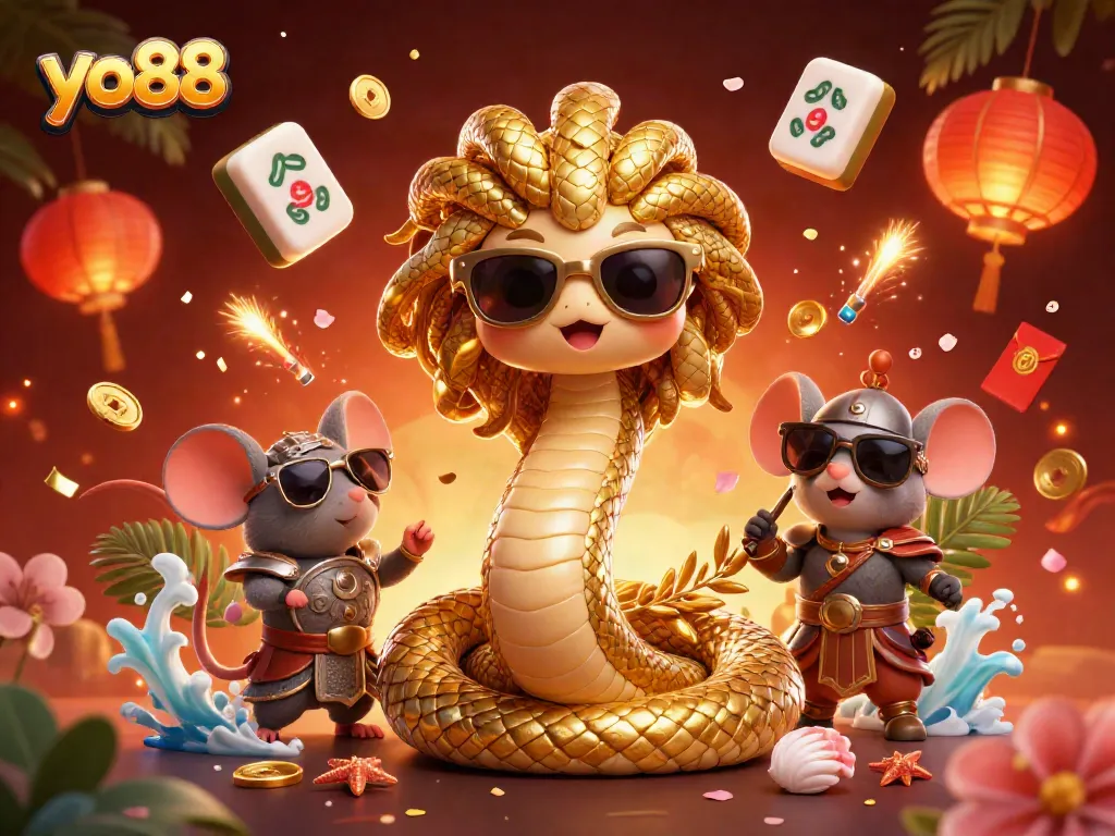Engage in thrilling games at yo88 with a vibrant 3D casino-themed scene featuring Medusa and a warrior mouse.