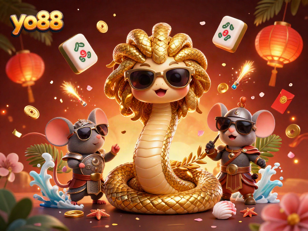 Engage in thrilling games at yo88 with a vibrant 3D casino-themed scene featuring Medusa and a warrior mouse.