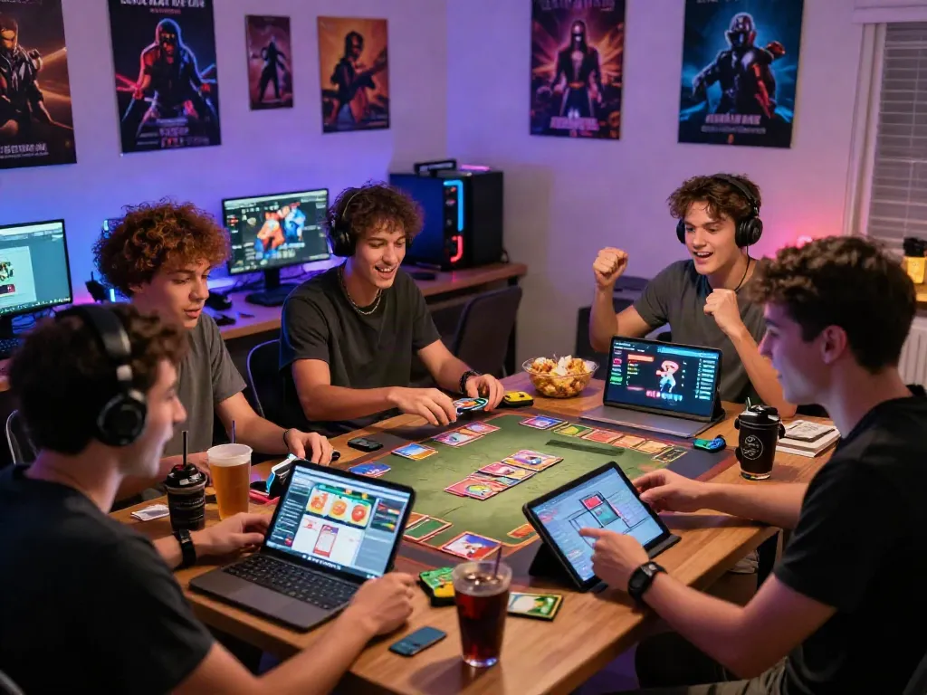 Cổng game Sunwin: Friends enjoying an online card gaming session with vibrant room lighting.