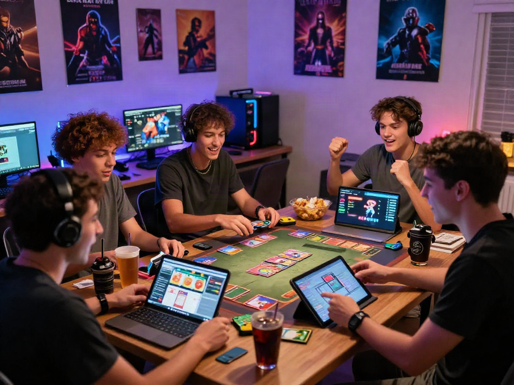 Cổng game Sunwin: Friends enjoying an online card gaming session with vibrant room lighting.