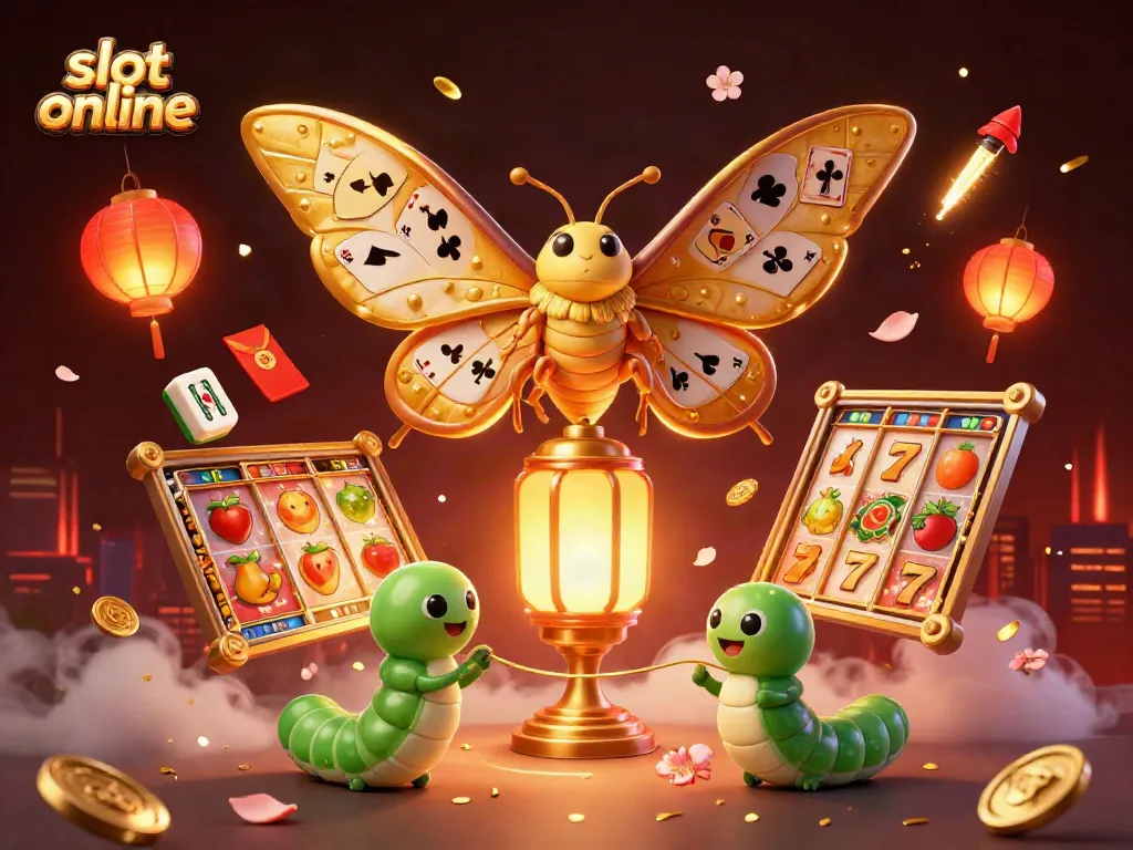 Engage with slot online action featuring a golden-winged moth and dynamic slot elements in a vibrant casino scene.