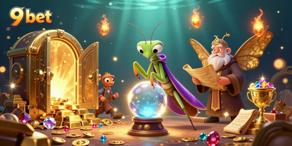 Engage with 9 bet's enchanting 3D casino scene featuring vibrant characters and treasure-filled elements.