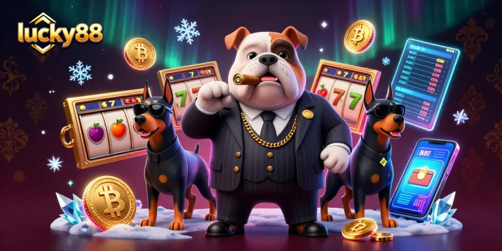 Win big at lucky88 with 3D characters and dynamic casino elements surrounding a bulldog mafia boss.