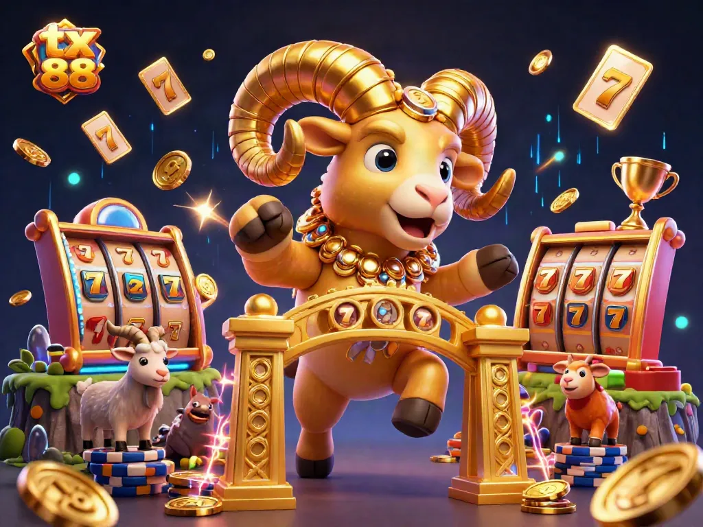 Experience the thrill of tx 88 with a charging ram at a casino, surrounded by dynamic gaming elements.