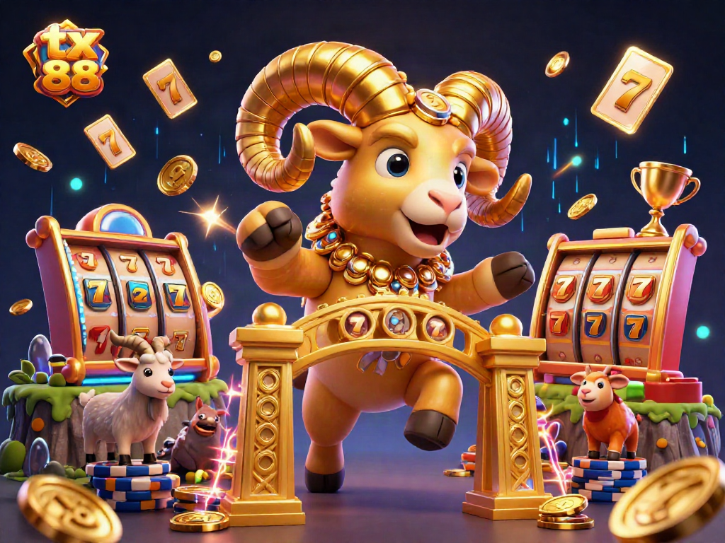 Experience the thrill of tx 88 with a charging ram at a casino, surrounded by dynamic gaming elements.