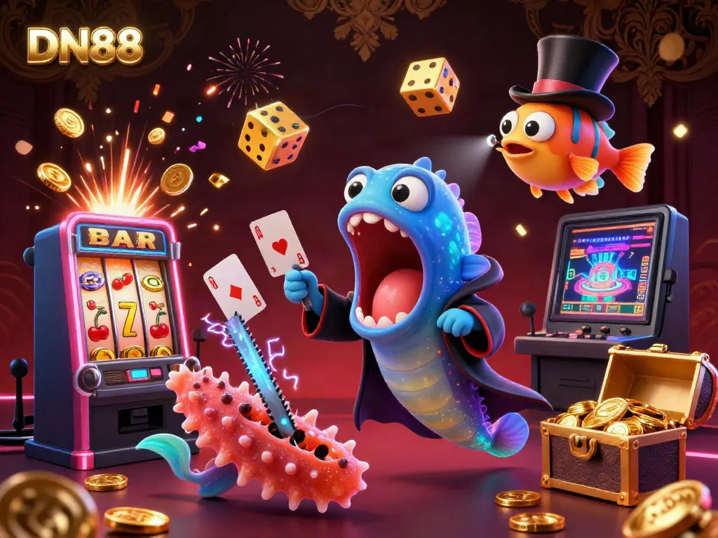 DN88 showcases a vibrant casino scene with a bioluminescent gulper eel performing tricks, enhancing online gaming excitement.