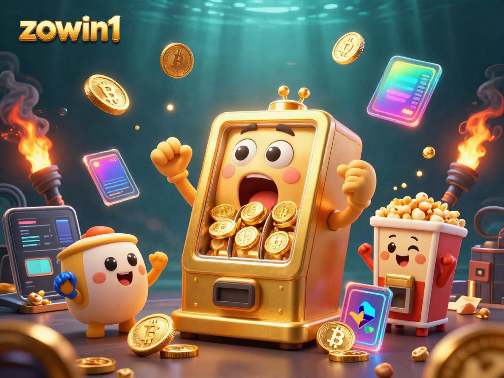 Engage with the thrilling atmosphere at zowin1 as golden slot machines celebrate a jackpot victory amidst crypto elements