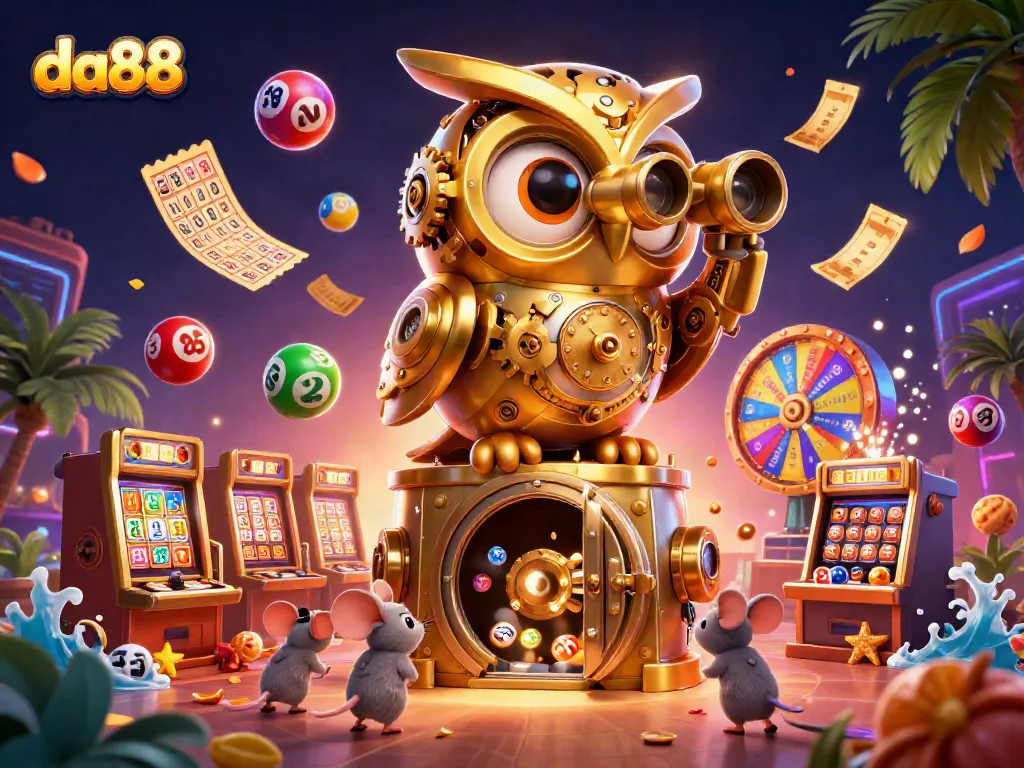 Experience the vibrant world of da88 with a golden owl and colorful slots in this dynamic casino scene.