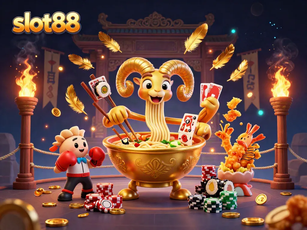 Engage with slot88's vibrant gaming scene featuring a golden ramen bowl dealer and sushi roll champions.