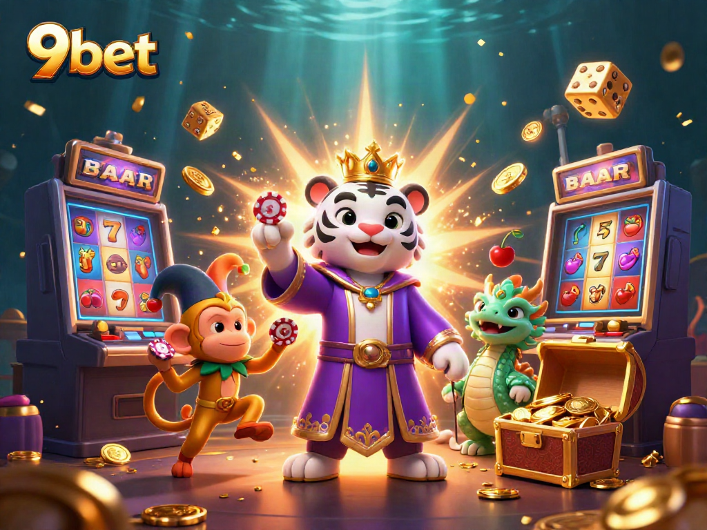 Experience winning with 9bet; a lively casino scene featuring a royal tiger, juggler monkey, and dragon amidst thrilling game elements.