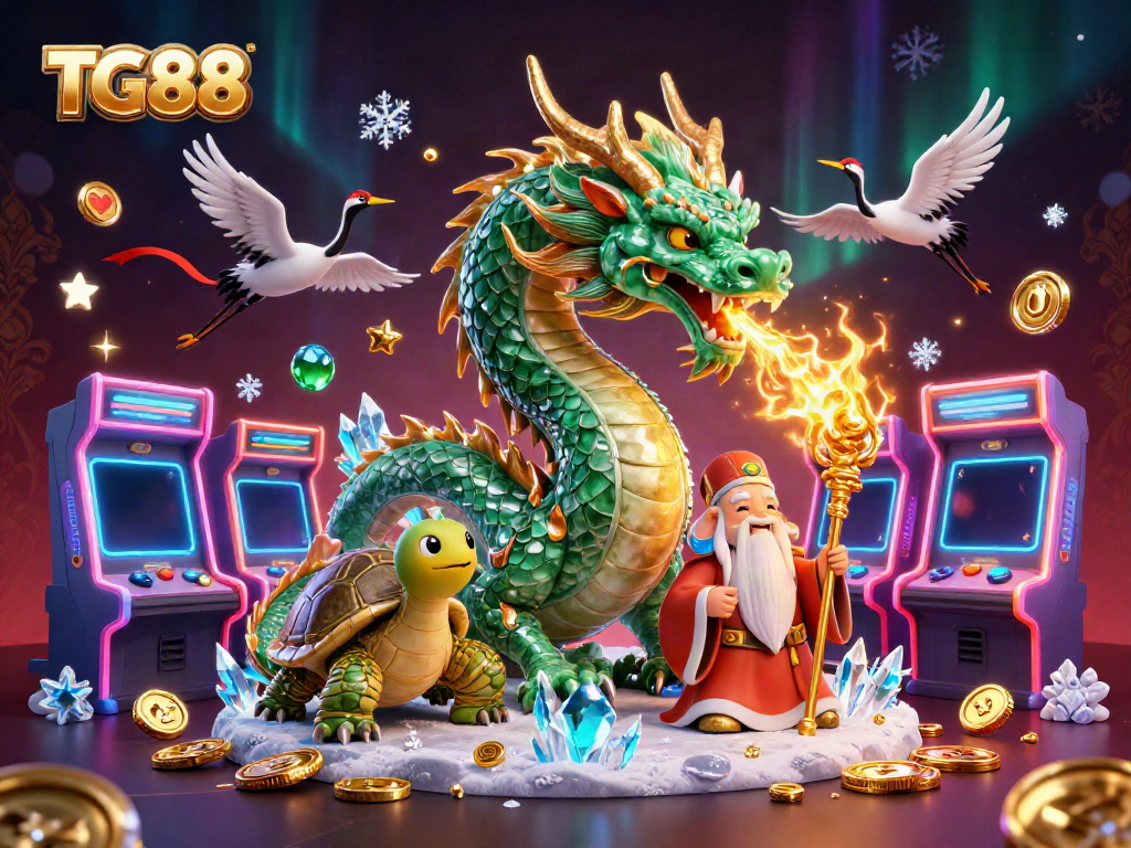 Engage in thrilling gameplay at TG88, featuring a vibrant scene with a majestic dragon and arcade elements.