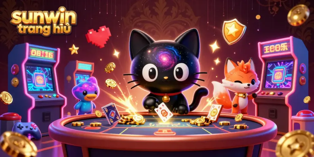 Engage with sunwin trang chủ at this vibrant cosmic casino scene featuring a black hole cat and colorful game elements.
