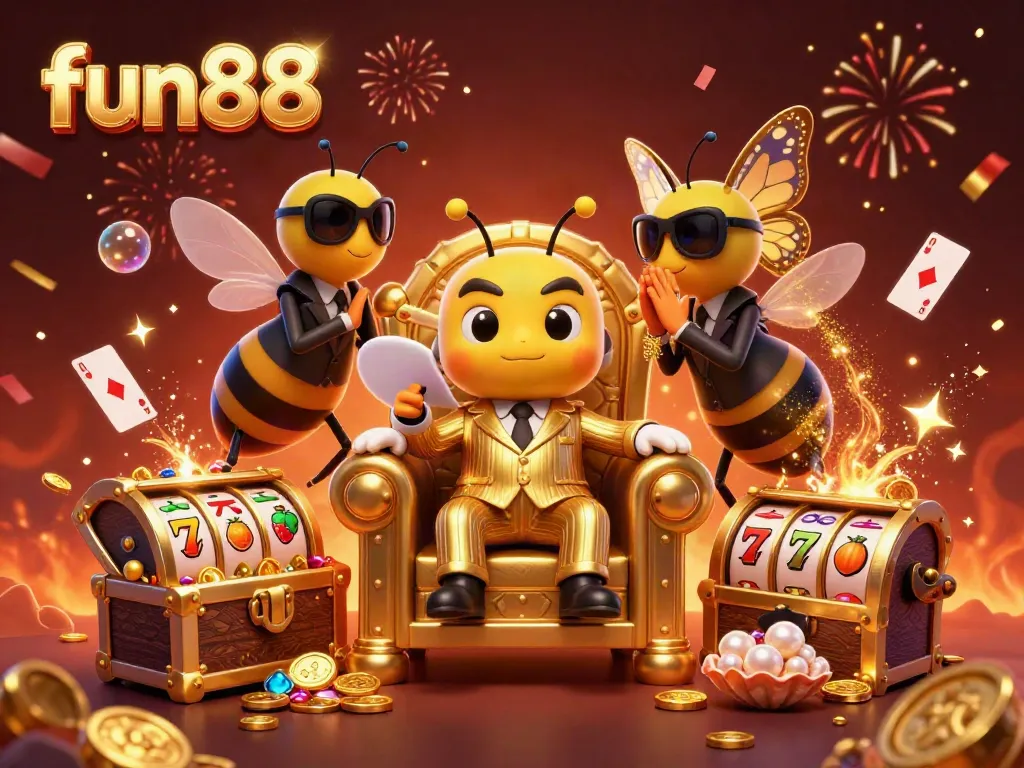 Experience fun88 with a thrilling 3D illustration of a bumblebee mob boss in a casino scene.