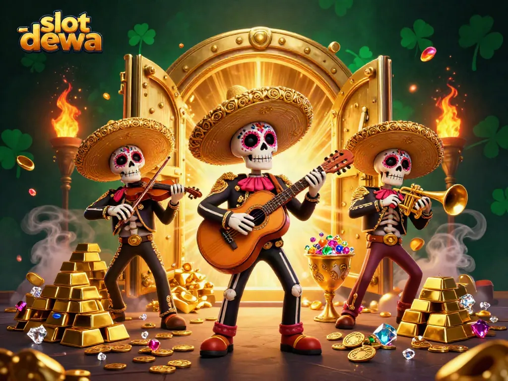 Experience the excitement of slot dewa with vibrant mariachi characters amidst golden treasures and atmospheric effects.