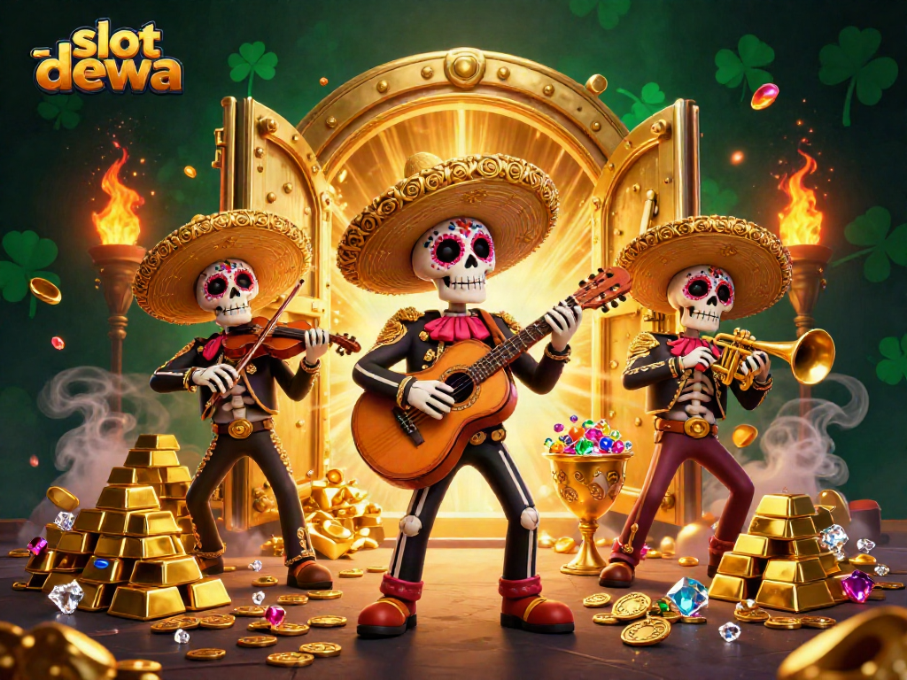 Experience the excitement of slot dewa with vibrant mariachi characters amidst golden treasures and atmospheric effects.