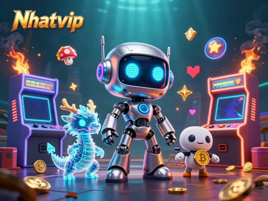 Nhatvip presents a vibrant gaming scene with a cyberpunk robot and dragon, capturing the excitement of online gambling