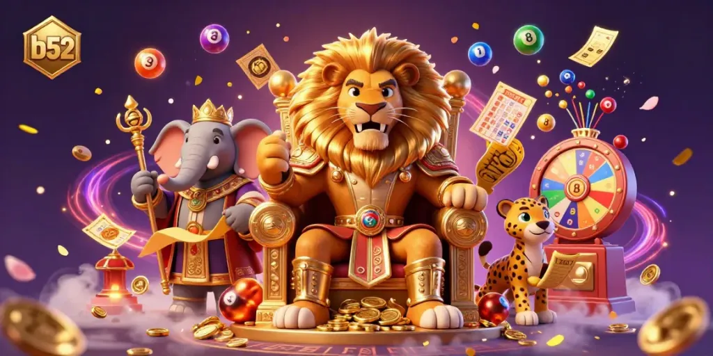 Experience the exciting world of b52 casino with a regal 3D lion king and vibrant lottery elements.