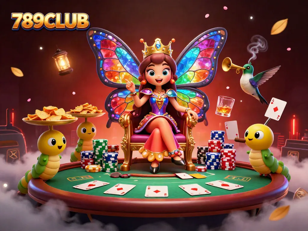 Experience thrilling gameplay at 789CLUB with a vibrant poker scene featuring a butterfly queen.