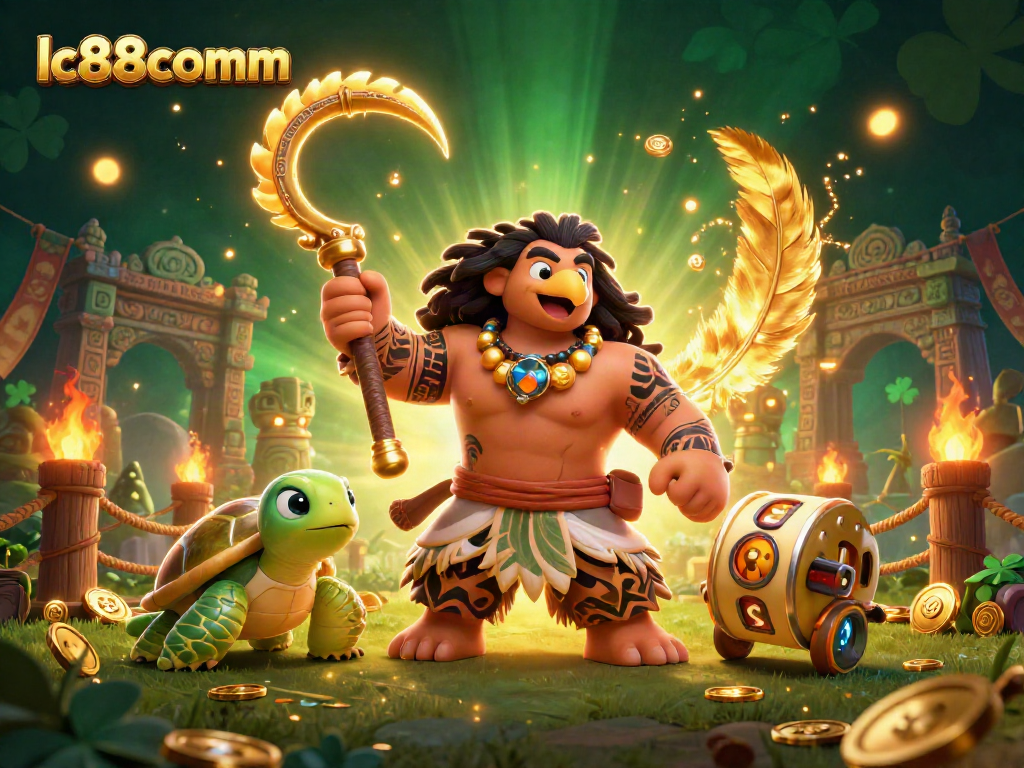 Engage in slots excitement with lc88comm, featuring a vibrant 3D scene of luck and playful characters.