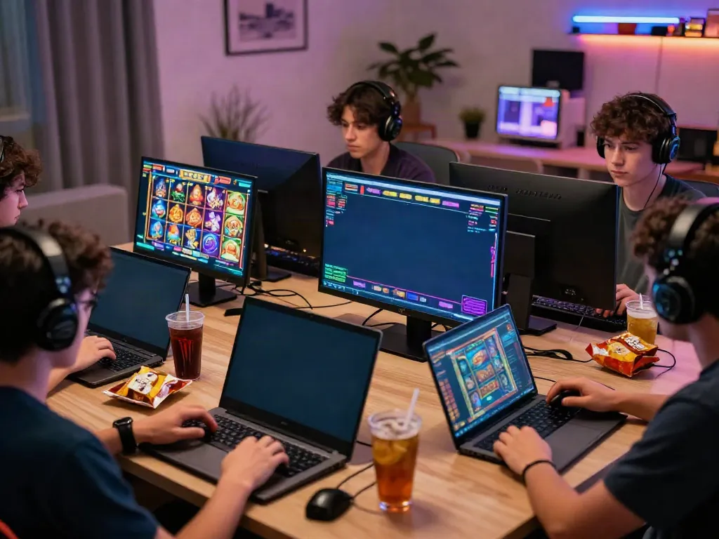 Exciting online gaming setup featuring players using slot qris on multiple devices.