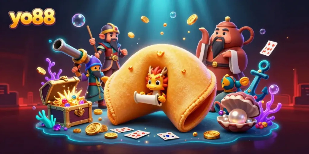 Engage in thrilling gameplay at yo88 with a golden fortune cookie surrounded by treasures and dynamic elements.