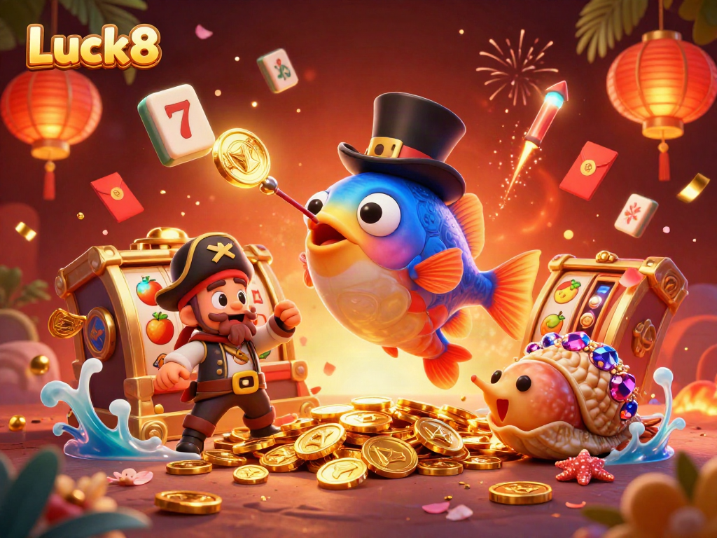 Luck8 features a 3D anglerfish, pirate shrimp, and treasure snail amidst vibrant casino elements, symbolizing online gaming excitement.