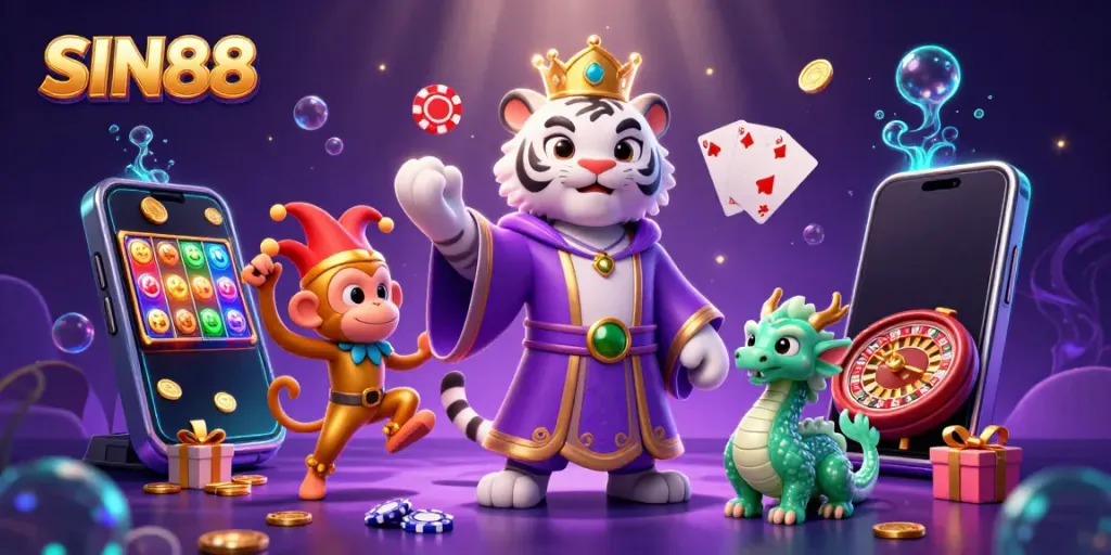 SIN88 Casino illustration with a tiger in royal robes, a juggling monkey, and a lively dragon amidst casino elements.