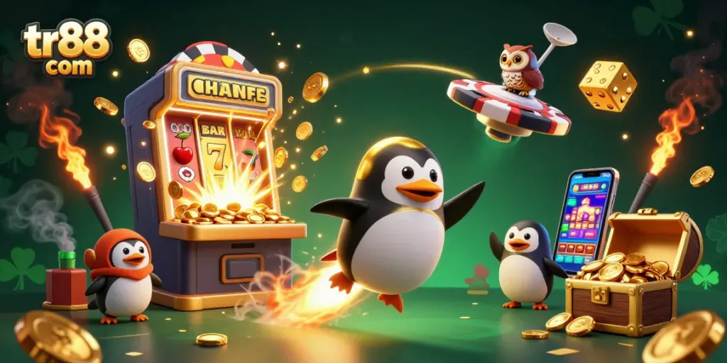 Play thrilling games at tr88 com with a dynamic casino scene featuring a winning penguin in space!