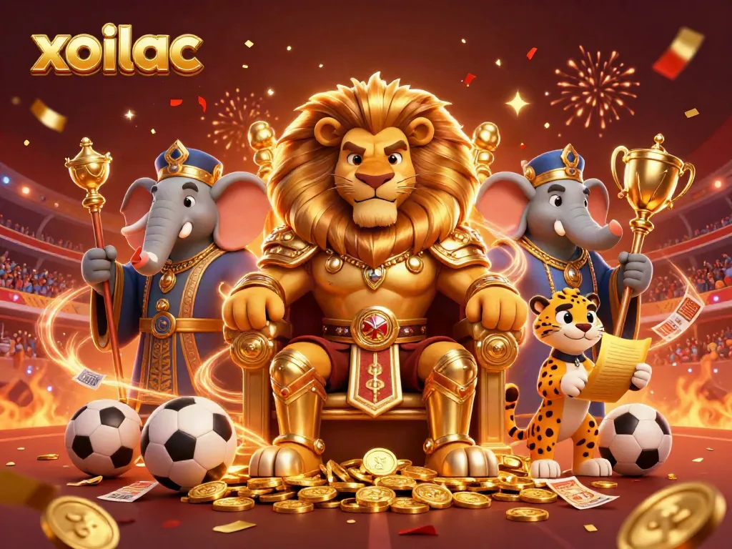 Join the thrilling action with Xoilac, featuring an energetic lion king, wise elephant, and fast cheetah in a vibrant sports scene.