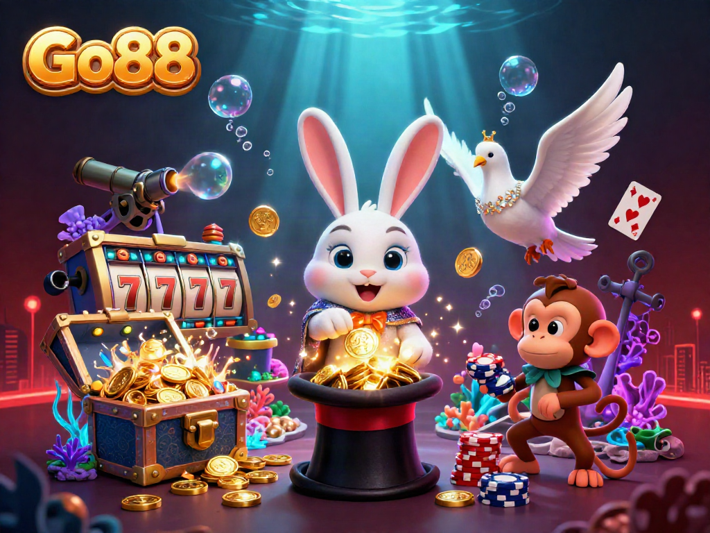 Experience the enchantment of Go88 with a thrilling scene of a magician rabbit, sparkling coins, and vibrant casino action.