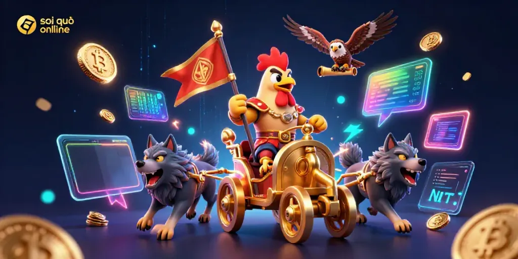 Engaging soi cầu online scene depicting a rooster warlord with wolves amidst crypto elements.