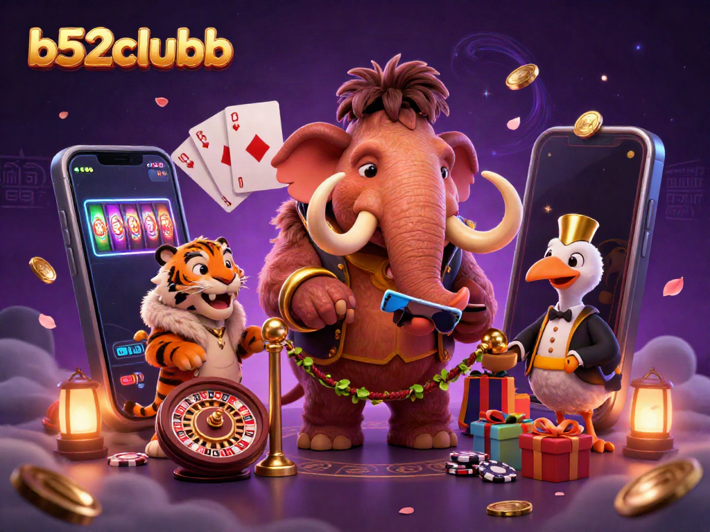 Engage with thrilling games at b52clubb featuring a cartoon casino scene bursting with color and excitement.